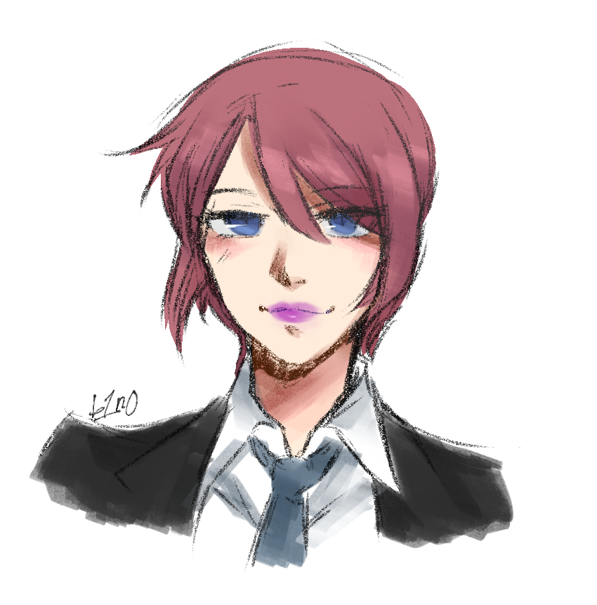 1girl artist_name b1n04 blue_eyes closed_mouth collared_shirt eyes_visible_through_hair female_focus formal_clothes lipstick looking_at_viewer makeup necktie pink_hair portrait purple_lips shin_subarashiki_kono_sekai shirt simple_background smile solo subarashiki_kono_sekai suit tie_clip yashiro_uzuki