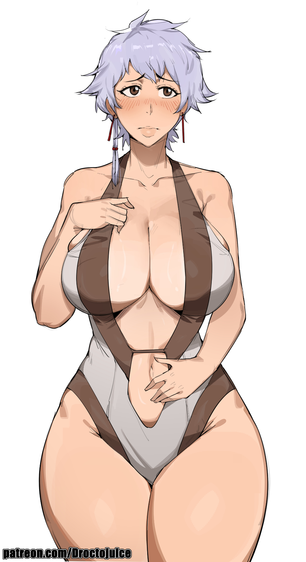 1girl artist_name bare_shoulders bleach breasts collarbone curvy dr_octojuice embarrassed female_focus grey_hair highres kotetsu_isane large_breasts looking_at_viewer official_alternate_costume patreon_username shiny_skin short_hair sidelocks simple_background swimsuit thick_thighs thighs white_background wide_hips