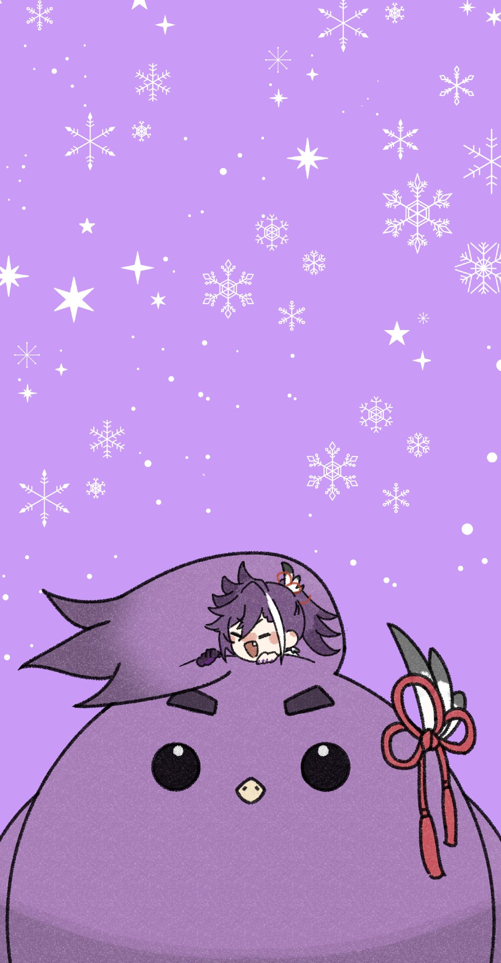 1boy alternate_size banzoin_hakka beak bird black_eyes closed_eyes fang feather_hair_ornament feathers hair_between_eyes hair_ornament hakkito_(banzoin_hakka) highres holostars holostars_english looking_at_another multicolored_hair nynna_n on_animal open_mouth ponytail purple_background purple_hair snowflakes snowing star_(symbol) virtual_youtuber white_hair winter