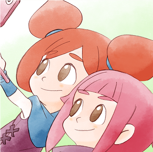 2girls ana_(warioware) blue_scarf child double_bun green_background hair_bun kat_(warioware) multiple_girls nintendo official_art orange_hair pink_hair scarf selfie selfie_stick simple_background smile takeuchi_kou third-party_source warioware warioware:_get_it_together!