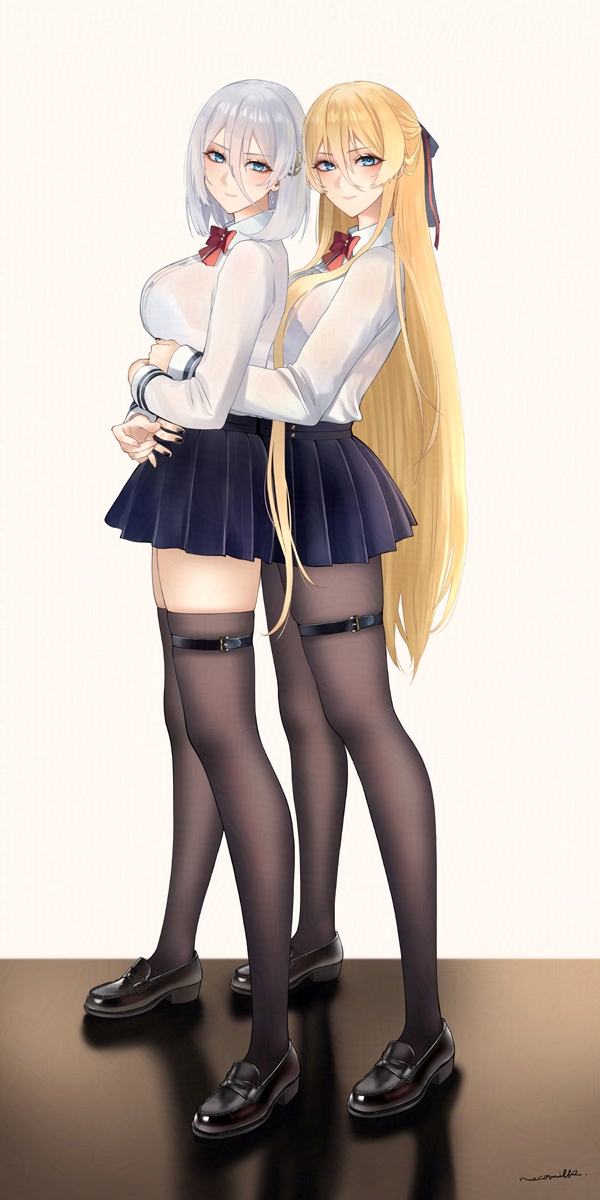 1girl 2girls azur_lane bismarck_(azur_lane) black_shoes black_skirt blonde_hair blue_eyes bow bowtie breasts collared_shirt hair_between_eyes hair_ribbon highres hug hug_from_behind large_breasts long_hair miniskirt multiple_girls necomilk parody pleated_skirt pose_imitation red_bow red_bowtie ribbon school_uniform shirt shoes short_hair skirt solo tatu thighhighs tirpitz_(azur_lane) white_hair white_shirt