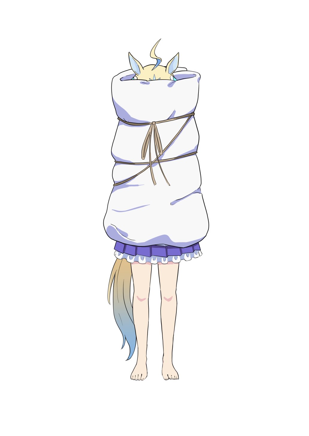 1girl ahoge animal_ears barefoot blonde_hair denpa_onna_to_seishun_otoko full_body highres horse_ears horse_girl horse_tail neo_universe_(umamusume) petticoat pleated_skirt purple_skirt rope simple_background skirt solo standing sumaki_(action) tail toes umamusume white_background yukke_jan