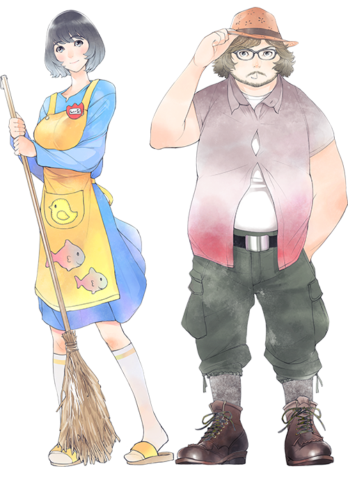 1boy 1girl aged_up animal_print apron beard beard_stubble belt belt_buckle black_belt blue_dress bob_cut boots breasts buckle buttons cargo_pants chick_print dress facial_hair fat fat_man fedora fish_print floral_print gradient_clothes gradient_shirt green_pants hair_between_eyes hand_in_pocket hand_on_own_hat hashida_itaru hat kneehighs leather leather_belt leather_boots long_skirt long_sleeves medium_breasts mustache mustache_stubble name_tag official_art open_collar pants partially_unbuttoned pleated_skirt popped_button red_shirt sandals shiina_mayuri shirt skirt smile socks steins;gate steins;gate:_the_committee_of_antimatter stubble t-shirt white_shirt white_socks yellow_apron yoshida_tadasu