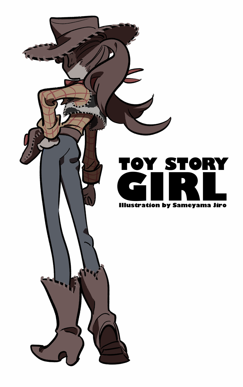 1girl animal_print boots brown_hair brown_shirt commentary_request cow_print cowboy_hat facing_away full_body grey_pants hat highres holster long_hair pants ponytail print_vest sameyama_jiro sheriff_woody shirt simple_background solo standing toy_story white_background