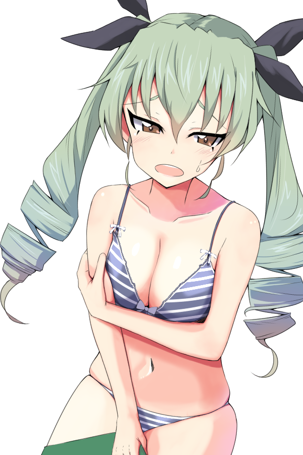 1girl anchovy_(girls_und_panzer) arm_under_breasts blush bra breasts brown_eyes cleavage collarbone drill_hair embarrassed female_focus frown girls_und_panzer green_hair hair_ornament hair_ribbon half-closed_eyes hand_on_own_arm long_hair looking_down medium_breasts navel open_mouth panties ribbon simple_background skindentation solo striped_bra striped_clothes striped_panties sweatdrop tsuru_(tsubasa1993621) twin_drills twintails underwear white_background