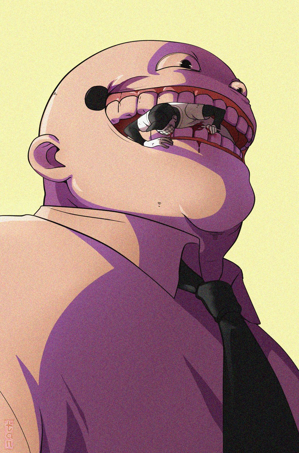 2boys arm_support artist_name bald baseball_cap baseball_jersey black_necktie blood blood_from_mouth blood_on_body clenched_teeth collared_shirt colored_skin enoch_(off) film_grain grin gums hat highres horror_(theme) imminent_death imminent_vore jersey layered_sleeves long_sleeves male_focus multiple_boys necktie off_(game) shirt short_over_long_sleeves short_sleeves simple_background size_difference smile tanblaque teeth the_batter_(off) white_shirt white_skin wing_collar yellow_background