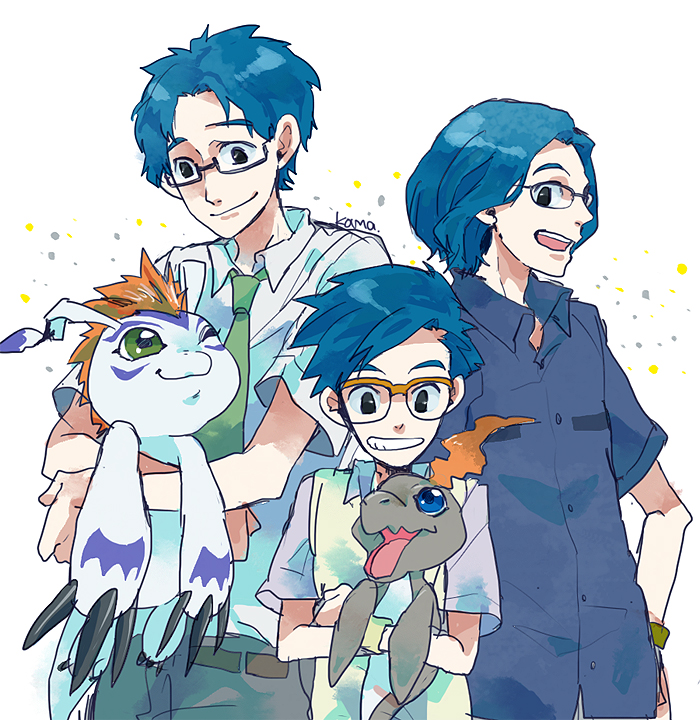 blue_hair blue_shirt child digimon digimon_(creature) digimon_adventure digimon_adventure_02 digimon_adventure_tri. gomamon green_eyes hand_on_own_hip happy holding_digimon kido_jo komarou_(4km_ro) necktie open_mouth orange_fur pukamon shirt simple_background teeth variations white_background