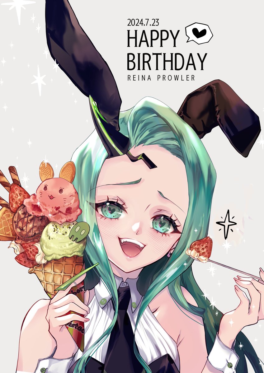 animal_ears blue_eyes food green_eyes green_hair happy_birthday holding holding_spoon horns ice_cream ice_cream_spoon long_hair looking_at_viewer macross macross_delta macross_delta:_zettai_live!!!!!! nagisa_tomo necktie rabbit_ears shirt single_horn sleeveless smile spoon yami_reina