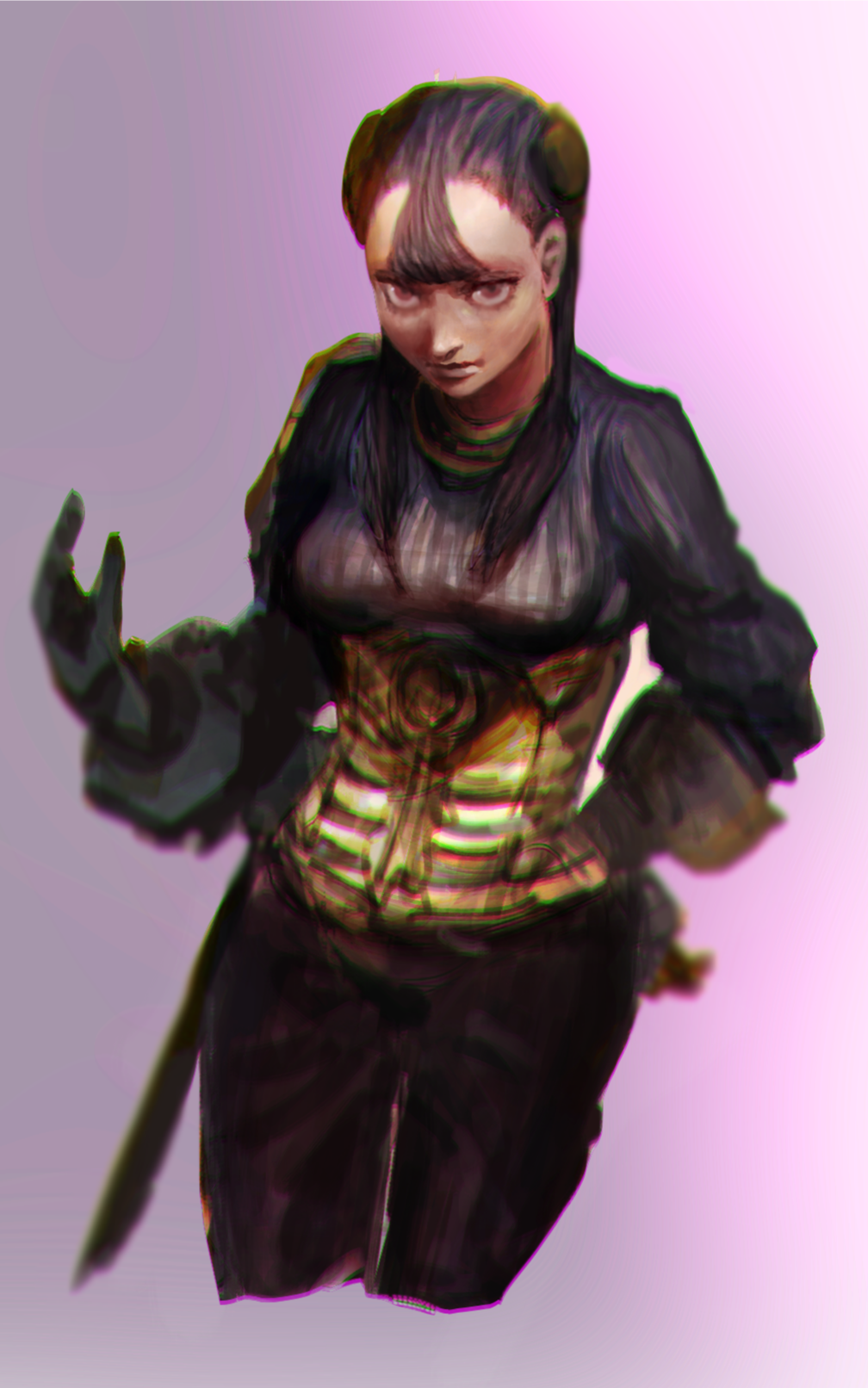 1girl armor armored_collar armored_corset ashei black_hair blunt_bangs chromatic_aberration cowboy_shot gauntlets hairpods hand_on_own_hip highres lips long_hair neve_(neve_ko) nintendo pants red_eyes scabbard sheath solo the_legend_of_zelda the_legend_of_zelda:_twilight_princess twintails