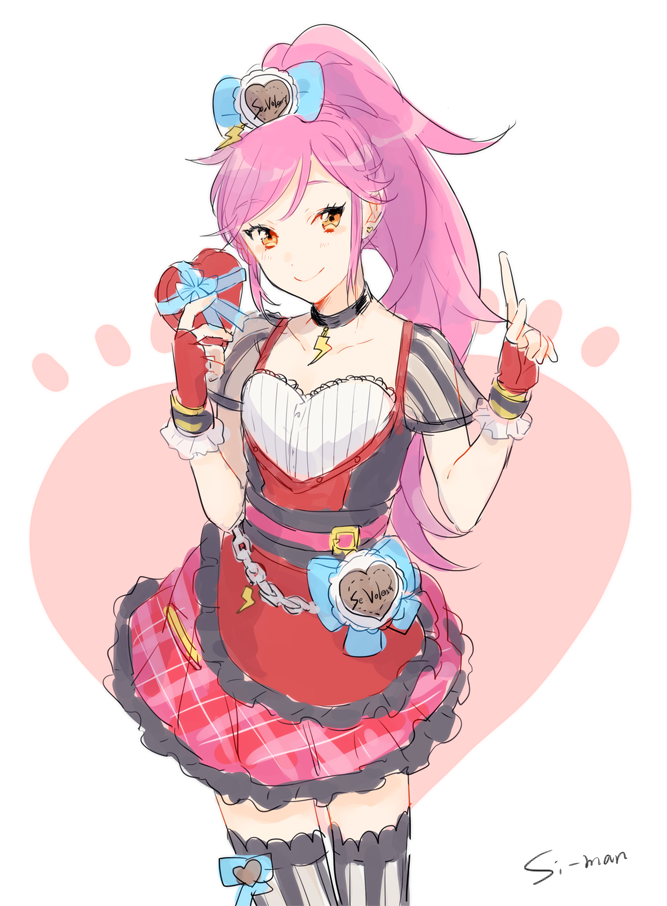 1girl aikatsu!_(series) box choker collarbone dress fingerless_gloves gift gloves happy_valentine heart-shaped_box holding holding_gift lightning_bolt_necklace lightning_bolt_symbol long_hair looking_at_viewer necklace orange_eyes otoshiro_seira pink_hair ponytail red_dress red_gloves shiman short_sleeves sketch smile solo thighhighs