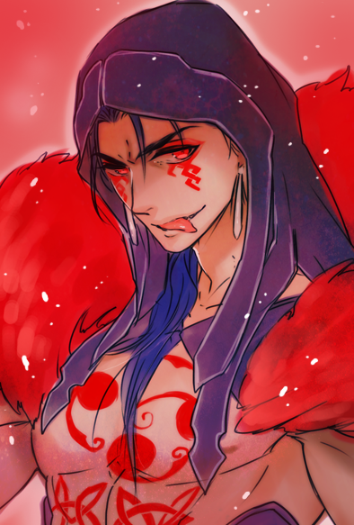 1boy :p bare_pectorals blue_hair chest_tattoo cu_chulainn_(fate) cu_chulainn_(fate/stay_night) cu_chulainn_alter_(fate) cu_chulainn_alter_(fate/grand_order) earrings facepaint fate/grand_order fate_(series) hair_over_shoulder hair_strand hood jewelry jun_(ash) long_hair looking_at_viewer male_focus muscular pectorals red_background red_eyes smile solo tattoo tongue tongue_out upper_body