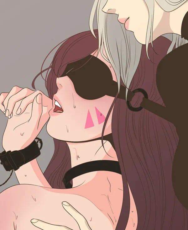 2girls bad_id bad_twitter_id bdsm blonde_hair bondage bound breasts brown_hair collar cuffs d.va_(overwatch) facial_mark femdom long_hair mercy_(overwatch) multiple_girls overwatch overwatch_1 slave sweat team_gaji yuri