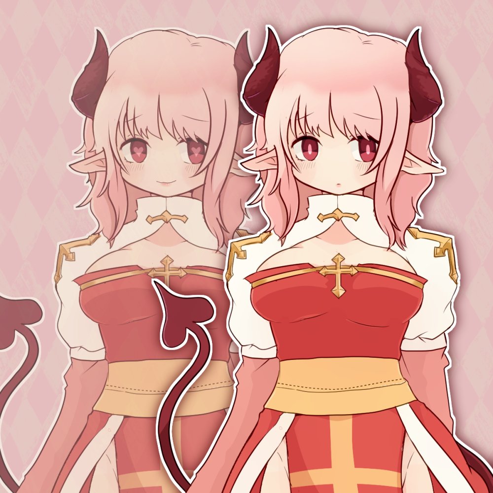 1girl arch_bishop_(ragnarok_online) argyle_background breasts cleavage_cutout closed_mouth clothing_cutout commentary_request cowboy_shot cross demon_girl demon_horns demon_tail dress heart heart-shaped_pupils horns juliet_sleeves large_breasts long_hair long_sleeves looking_at_viewer multiple_expressions open_mouth pink_background pink_hair pochiko_(poteko) pointy_ears puffy_sleeves ragnarok_online red_dress red_eyes red_horns sash smile symbol-shaped_pupils tail two-tone_dress white_dress yellow_sash