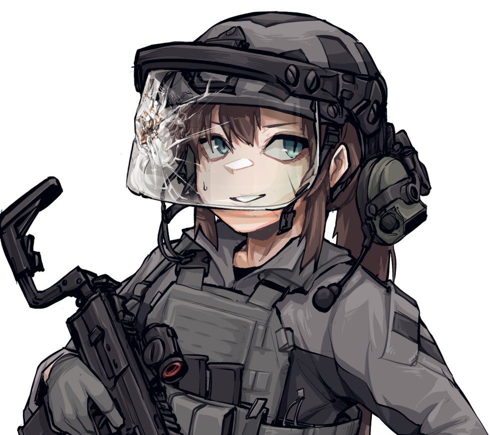 1girl armor ballistic_face_shield ballistic_helmet blue_eyes brown_hair bulletproof_vest ear_piercing earmuffs earphones epakim gloves gun h&amp;k_mp7 hair_between_eyes helmet holding holding_gun holding_weapon machine_pistol magazine_(weapon) microphone original personal_defense_weapon piercing pony_(animal) ponytail solo submachine_gun sweatdrop termichan_(not-a-bot) visor_(armor) weapon white_background
