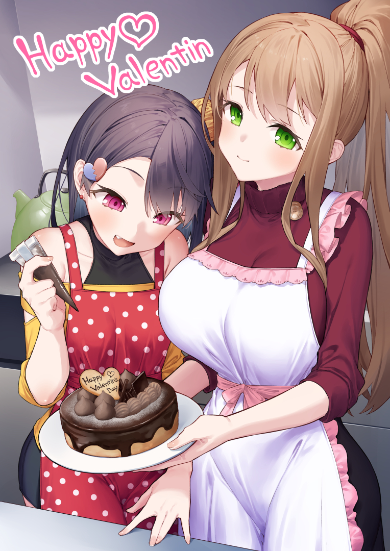 2girls :d apron asymmetrical_bangs bare_shoulders black_hair black_shorts black_skirt breasts broken_heart broken_heart_print brown_hair cake closed_mouth commentary_request covered_groin earrings fang food green_eyes hair_ornament hair_scrunchie hanashiro_yuuka happy_valentine heart heart_hair_ornament high_ponytail holding holding_plate jewelry large_breasts long_sleeves multiple_girls munakata_hinano off-shoulder_shirt off_shoulder one_side_up open_mouth original pastry_bag plate polka_dot polka_dot_apron ponytail purple_eyes red_apron red_sweater scrunchie shirt short_sleeves shorts skirt small_breasts smile stud_earrings sweater tokuno_yuika turtleneck turtleneck_sweater valentine white_apron yellow_scrunchie yellow_shirt