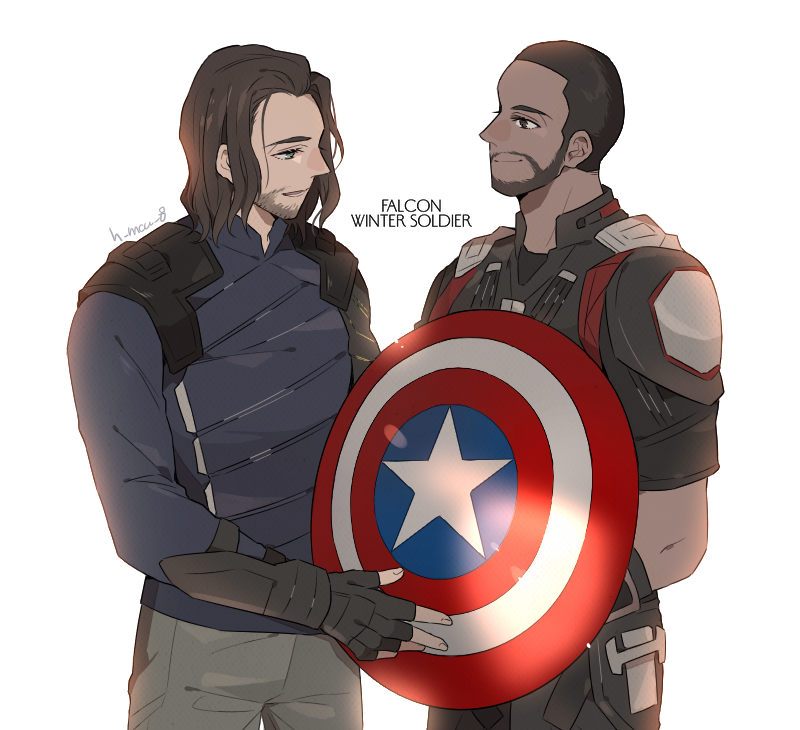 2boys animification avengers:_endgame avengers:_infinity_war avengers_(series) beard blue_eyes blue_jacket brown_hair bucky_barnes buzz_cut captain_america_(series) cyborg facial_hair fingerless_gloves gloves jacket male_focus marvel marvel_cinematic_universe mechanical_arms multiple_boys namahamu_(hmhm_81) sam_wilson shield short_hair single_mechanical_arm stubble superhero_costume the_falcon the_falcon_and_the_winter_soldier very_short_hair winter_soldier