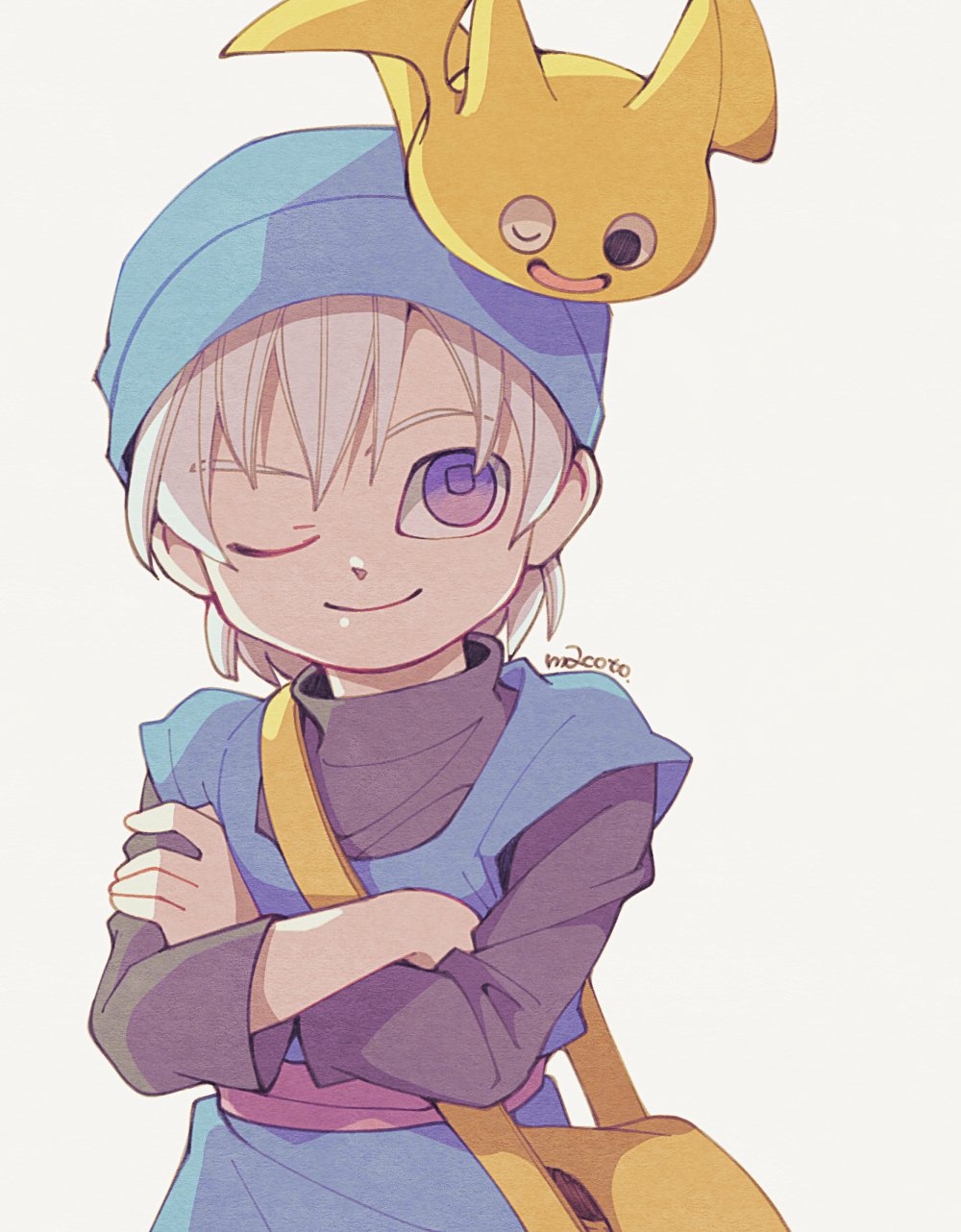 1boy 1other 29qmatatavi aged_down bag black_shirt blue_hat blue_tunic child creature_on_head crossed_arms dragon_quest dragon_quest_monsters dragon_quest_monsters:_terry&#039;s_wonderland drake_slime hat highres looking_down looking_up one_eye_closed pink_sash purple_eyes sash shirt short_hair shoulder_bag smile terry_(dq6) tunic upper_body white_background white_hair wings