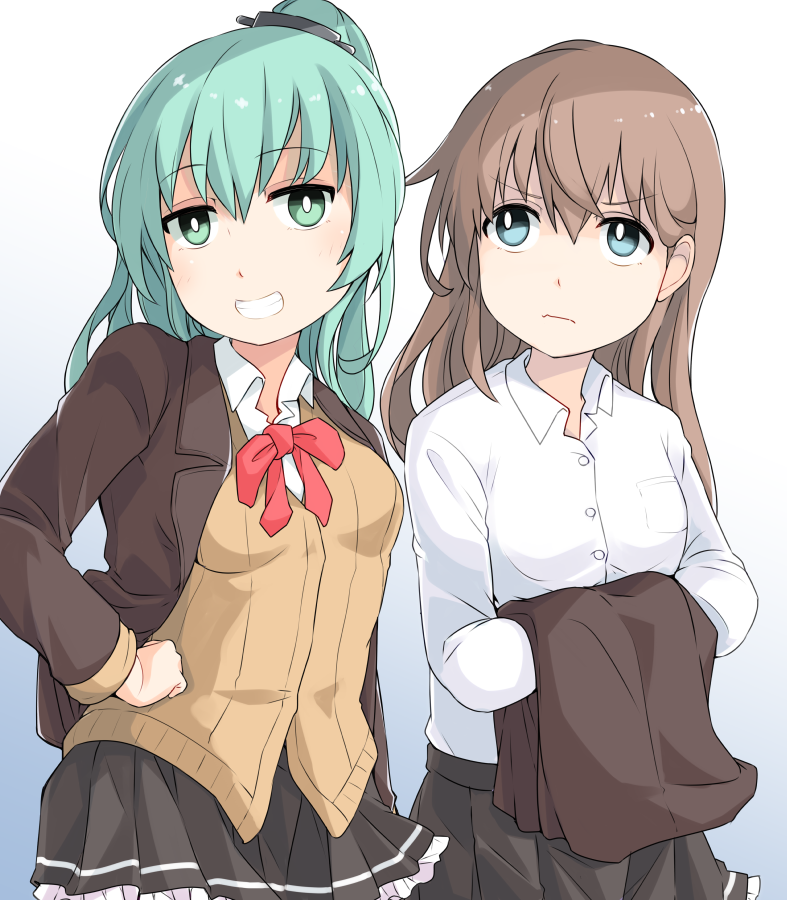 2girls alternate_hairstyle aqua_eyes aqua_hair ascot blue_eyes bow bowtie brown_hair brown_jacket brown_skirt cardigan collared_shirt frilled_skirt frills hair_down hair_ornament hairclip jacket kantai_collection kumano_(kancolle) kumano_kai_ni_(kancolle) long_hair long_sleeves miniskirt multiple_girls okitarou_(okiyo) pleated_skirt ponytail red_bow red_bowtie school_uniform shirt skirt suzuya_(kancolle) suzuya_kai_ni_(kancolle) white_shirt