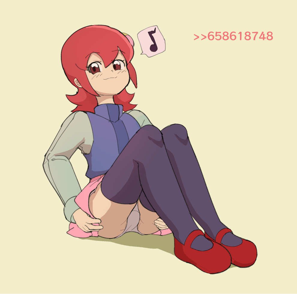 1girl blush brown_eyes hair_ornament long_sleeves looking_at_viewer mayl_sakurai_(mega_man) mega_man_battle_network panties pink_skirt red_hair rommi short_hair skirt solo spread_pussy spread_pussy_under_clothes underwear