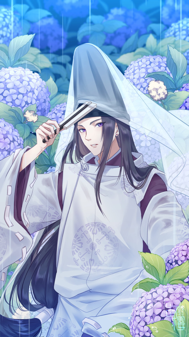 1boy bishounen black_hair black_hat earrings flower folded_fan folding_fan fujiwara_no_sai hand_fan hand_up hat hikaru_no_go holding holding_fan huan_ying hydrangea japanese_clothes jewelry kariginu kimono long_hair long_sleeves looking_at_viewer low-tied_long_hair male_focus outdoors paper_fan parted_lips purple_eyes purple_kimono rain ribbon-trimmed_sleeves ribbon_trim sidelocks solo stud_earrings tate_eboshi veil veil_lift wide_sleeves