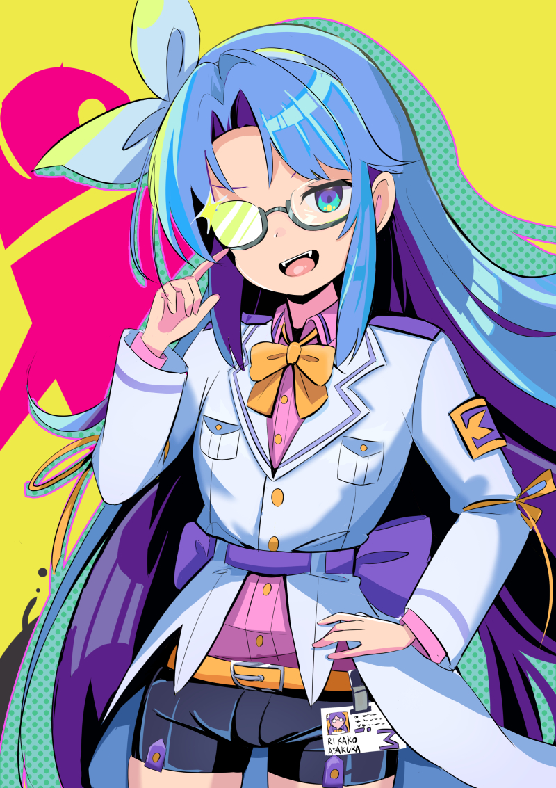 1girl :d asakura_rikako back_bow belt black_shorts blue_eyes blue_hair bow bowtie coat collared_shirt cowboy_shot fang glasses hair_ribbon hairband hand_on_own_hip harakune_(mugennero) id_card lab_coat long_hair long_sleeves mimi-chan open_mouth parted_bangs pocket purple_hair purple_sash purple_shirt ribbon sash shirt shorts simple_background smile solo touhou touhou_(pc-98) very_long_hair waist_bow white_coat white_hairband white_ribbon yellow_background yellow_belt yellow_bow yellow_bowtie