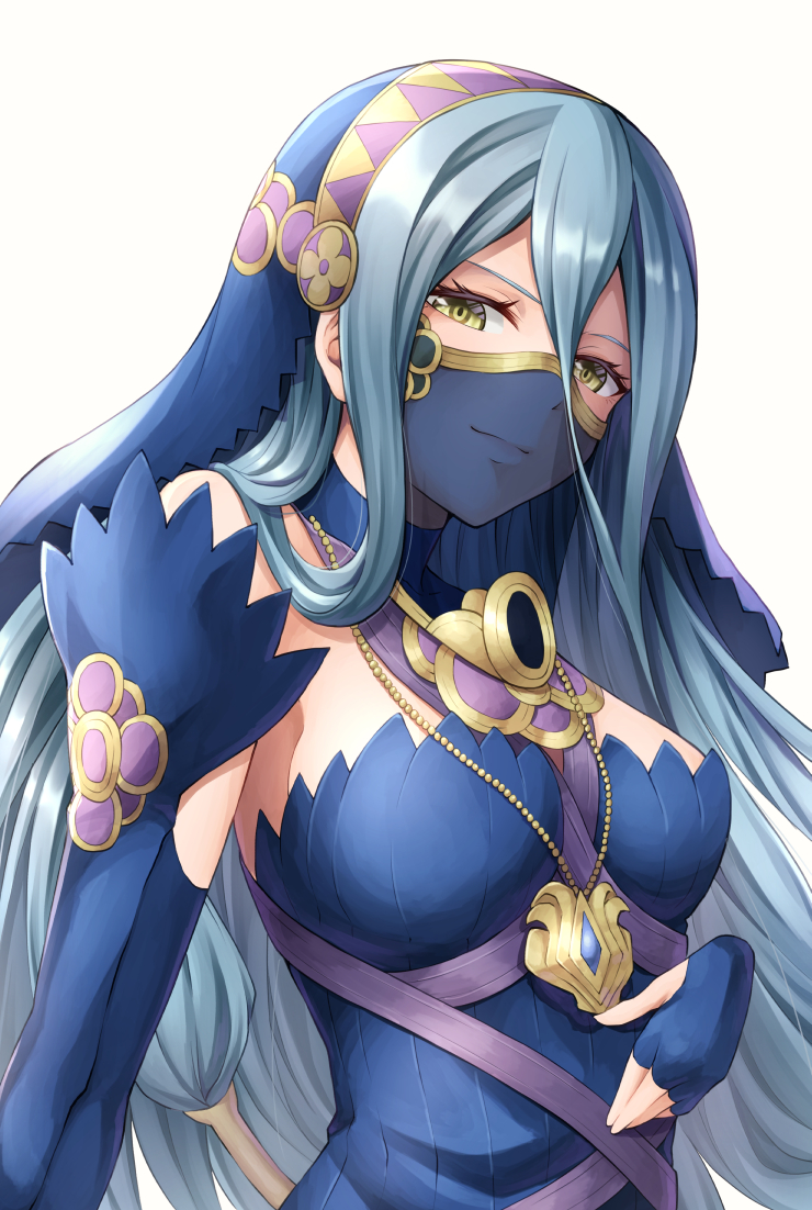 1girl azura_(fire_emblem) azura_(lady_of_ballads)_(fire_emblem) bare_shoulders blue_dress blue_gloves blue_hair breasts closed_mouth dress elbow_gloves fingerless_gloves fire_emblem fire_emblem_fates gloves hair_between_eyes hand_on_own_stomach jewelry large_breasts long_hair looking_at_viewer mouth_veil necklace nintendo see-through_clothes simple_background sleeveless sleeveless_dress smile solo ten_(tenchan_man) upper_body veil very_long_hair white_background yellow_eyes