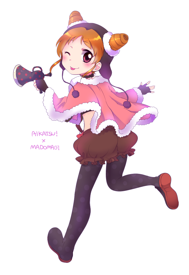 1girl aikatsu!_(series) arisugawa_otome black_pantyhose blush brown_hair brown_shorts capelet cone_hair_bun copyright_name cosplay double_bun fingerless_gloves full_body fur-trimmed_capelet fur_trim gloves hair_bun hair_through_headwear holding holding_megaphone looking_back mahou_shoujo_madoka_magica mahou_shoujo_madoka_magica:_hangyaku_no_monogatari megaphone midriff momoe_nagisa momoe_nagisa_(cosplay) momoe_nagisa_(magical_girl) one_eye_closed pantyhose pink_capelet short_hair shorts solo tarabagani tongue tongue_out