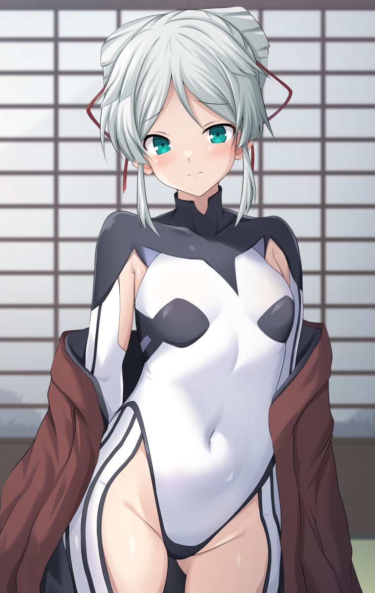 1girl aged_down armpit_cutout black_bodysuit blush bodysuit breasts clothing_cutout covered_navel cross_(crossryou) fate/grand_order fate/samurai_remnant fate_(series) folded_ponytail green_eyes hair_ribbon highres japanese_clothes kimono long_hair long_sleeves looking_at_viewer off_shoulder ribbon sidelocks small_breasts solo thigh_cutout thighs two-tone_bodysuit white_bodysuit white_hair yui_shousetsu_(fate) yui_shousetsu_(first_ascension)_(fate)