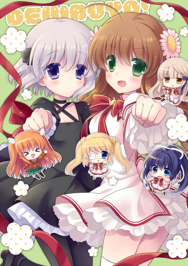 &gt;_&lt; 2017 6+girls :d ahoge arm_ribbon black_dress black_hair black_pantyhose blonde_hair blush brown_hair chibi chibi_inset clenched_hand colored_eyelashes commentary_request cowboy_shot criss-cross_halter crown dated_commentary dress expressionless eyes_visible_through_hair floating_hair flower frilled_dress frilled_sleeves frills green_background green_eyes grey_hair hair_between_eyes hair_flower hair_ornament halterneck hoshimame_mana kagari_(rewrite) kanbe_kotori kazamatsuri_institute_high_school_uniform konohana_lucia light_brown_hair long_hair long_ribbon looking_at_viewer mini_crown multiple_girls nakatsu_shizuru ootori_chihaya open_mouth orange_hair outstretched_arm pantyhose pink_flower ponytail purple_eyes reaching reaching_towards_viewer red_ribbon rewrite ribbon school_uniform senri_akane short_dress short_hair side-by-side simple_background smile standing twintails two_side_up v-shaped_eyebrows wide_sleeves