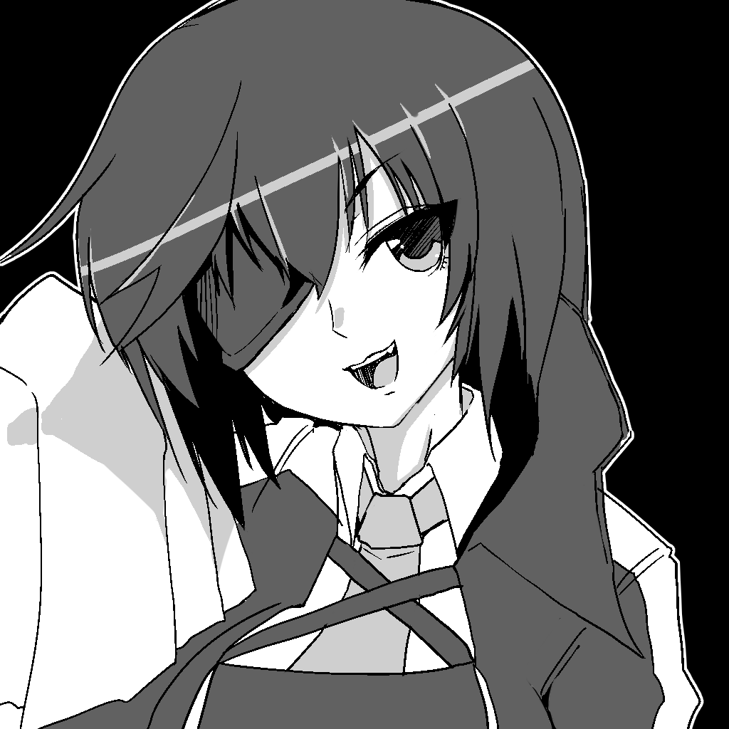 1girl black_background collared_shirt eyepatch greyscale kure_kirika magical_girl mahou_shoujo_madoka_magica mahou_shoujo_oriko_magica medium_hair mengnaidu monochrome necktie portrait shirt solo white_shirt