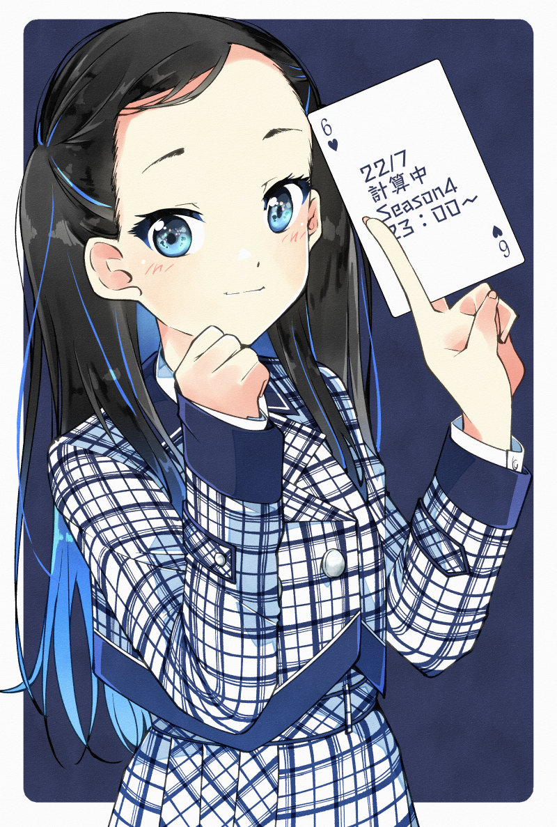 1girl 22/7 aqua_eyes aqua_hair belt black_hair blue_background blue_dress border buttons card closed_mouth cowboy_shot cropped_jacket double-breasted dress gradient_hair holding holding_card kumorizora_no_mukou_wa_hareteiru long_hair long_sleeves looking_at_viewer looking_to_the_side multicolored_hair nishiura_sora outside_border shirt six_of_hearts smile solo trefle_r two_side_up white_border white_shirt