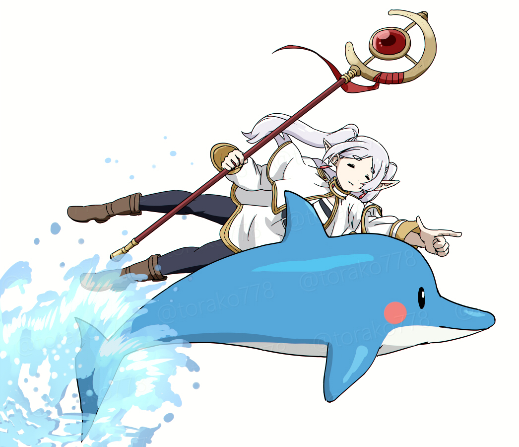 1girl black_pantyhose boots brown_boots dolphin elf frieren full_body grey_hair guilty_gear holding holding_staff may_(guilty_gear) pantyhose pointing pointy_ears simple_background sousou_no_frieren staff torako_(toramaru) twintails twitter_username white_background
