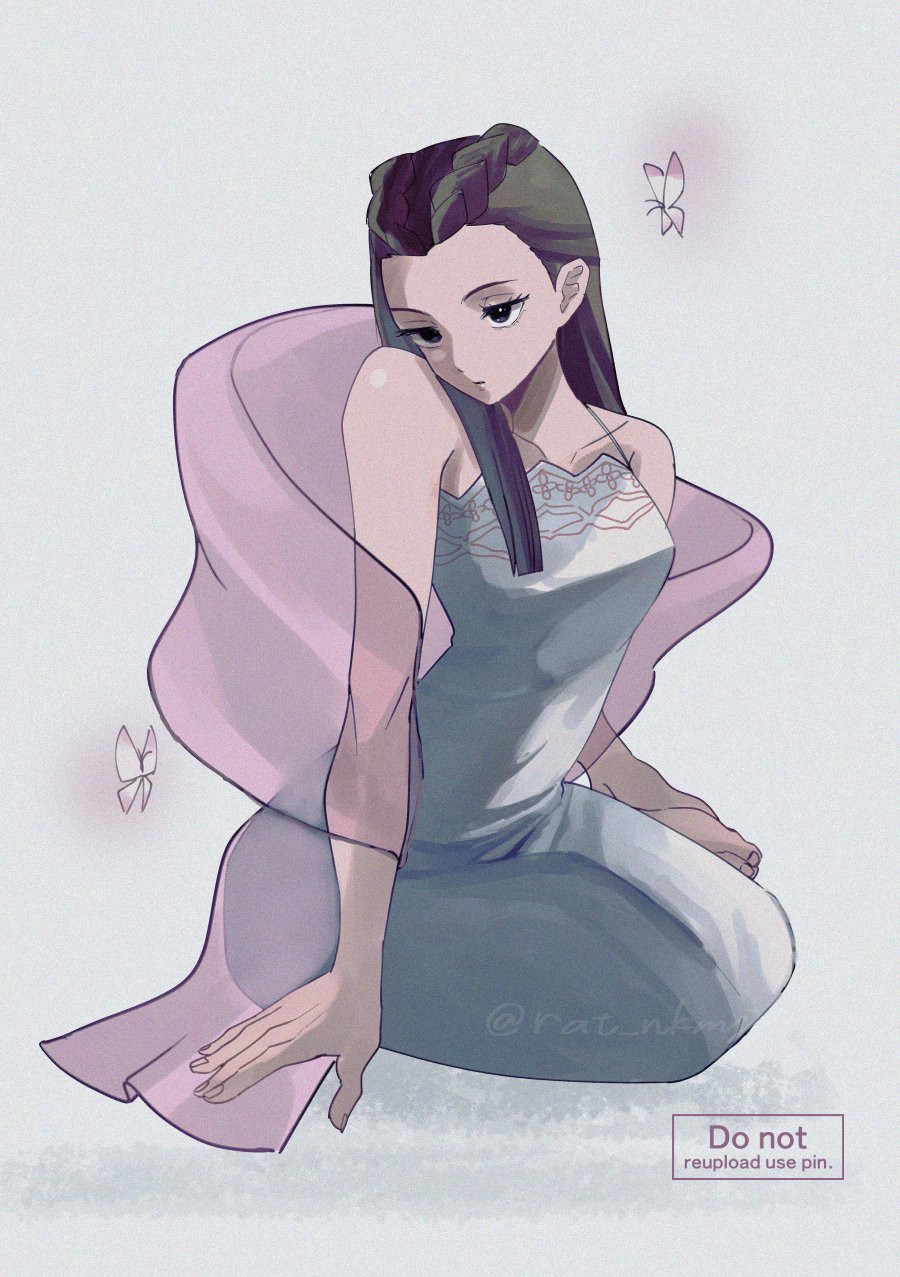 1girl ace_attorney black_eyes blunt_ends bug butterfly dress eyelashes grey_background highres insect iris_(ace_attorney) long_dress long_hair phoenix_wright:_ace_attorney_-_trials_and_tribulations pink_butterfly rat_nkmi sanpaku sitting solo watermark white_dress