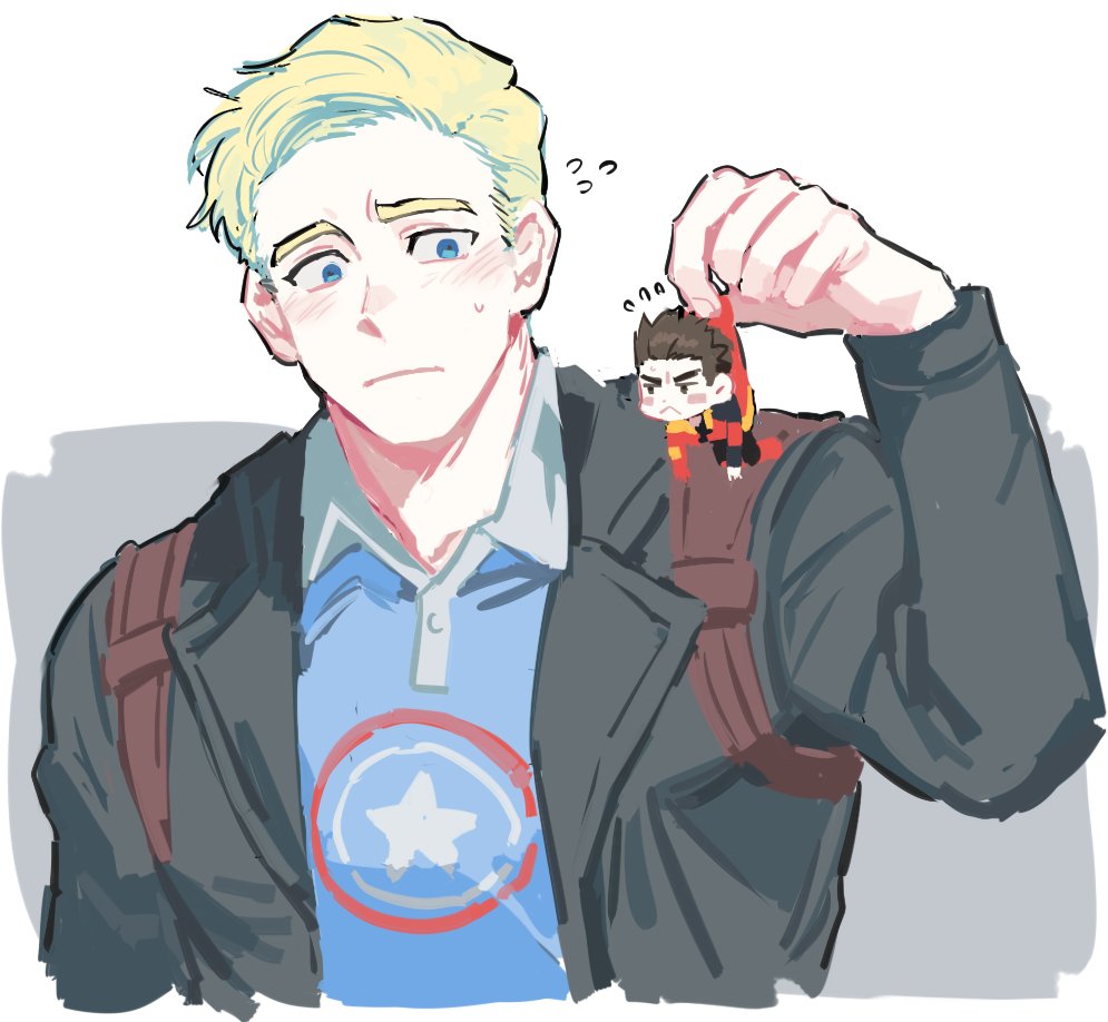 2boys animification avengers_(series) avengers_academy black_pants black_shirt blonde_hair blue_eyes blue_shirt blush boots brown_eyes brown_hair buttons closed_mouth collared_jacket collared_shirt commentary fingernails flying_sweatdrops grey_jacket hand_up jacket long_sleeves looking_at_another male_focus marvel multicolored_jacket multiple_boys open_clothes open_jacket pants red_footwear red_jacket rro_hr2 shirt short_hair simple_background standing star_(symbol) star_print steve_rogers sweatdrop symbol-only_commentary t-shirt tony_stark two-tone_jacket v-shaped_eyebrows white_background yellow_jacket