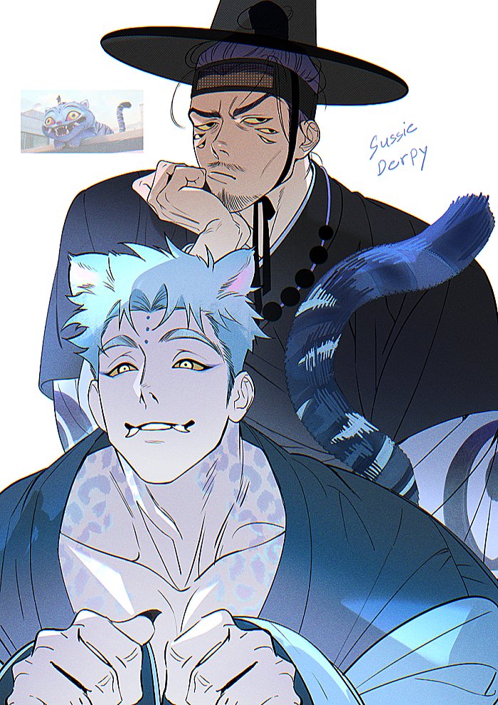 2boys animal_ears aqua_hair black_hanbok black_nails blue_hair collarbone colored_sclera derpy_(kpop_demon_hunters) facial_hair facial_tattoo fangs fangs_out gat_(hat) goatee_stubble hanbok hat kagi_art korean_clothes korean_traditional_hair_ornament korean_traditional_hat kpop_demon_hunters male_focus multiple_boys muscular muscular_male mustache_stubble open_clothes parted_lips short_hair stubble sussie_(kpop_demon_hunters) tail tattoo tiger_boy tiger_ears tiger_tail too_many_eyes yellow_eyes yellow_sclera