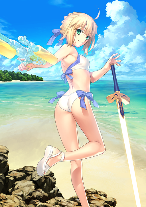 1girl ahoge artoria_pendragon_(fate) artoria_pendragon_(swimsuit_archer)_(fate) artoria_pendragon_(swimsuit_archer)_(first_ascension)_(fate) ass bare_arms bare_legs beach bikini blonde_hair blue_bow blue_choker blue_ribbon blue_sky blush bow bow_bikini breasts bun_with_braided_base choker closed_mouth cloud excalibur_(fate/stay_night) fate/grand_order fate_(series) foot_out_of_frame glowing glowing_sword glowing_weapon green_eyes hair_between_eyes hair_ribbon hand_on_hilt holding holding_water_gun horizon leg_up looking_at_viewer looking_back median_furrow ocean official_art outdoors planted planted_sword planted_weapon ribbon sand sandals short_hair sidelocks sky smile solo standing standing_on_one_leg swimsuit sword takeuchi_takashi third-party_source twisted_torso variant_set water_gun weapon white_bikini white_sandals