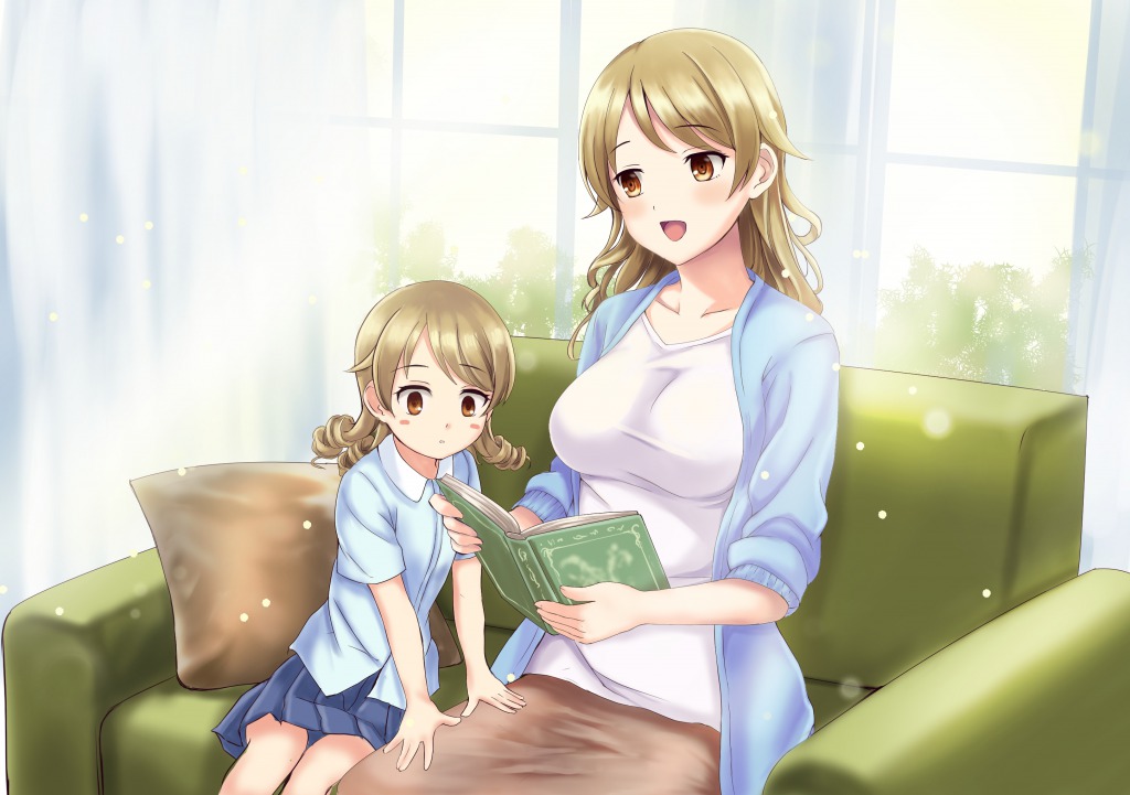 2girls brown_hair couch idolmaster idolmaster_cinderella_girls morikubo_nono mother_and_daughter multiple_girls window
