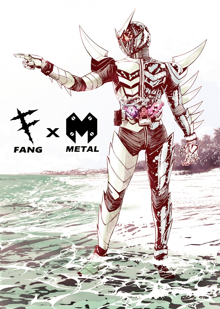 1boy armor commentary_request full_armor fuuto_tantei gaia_memory helmet kamen_rider kamen_rider_double kamen_rider_w legs_apart limited_palette red_eyes reflection reflective_water sato_masaki_(masayakofu) solo spikes white_armor