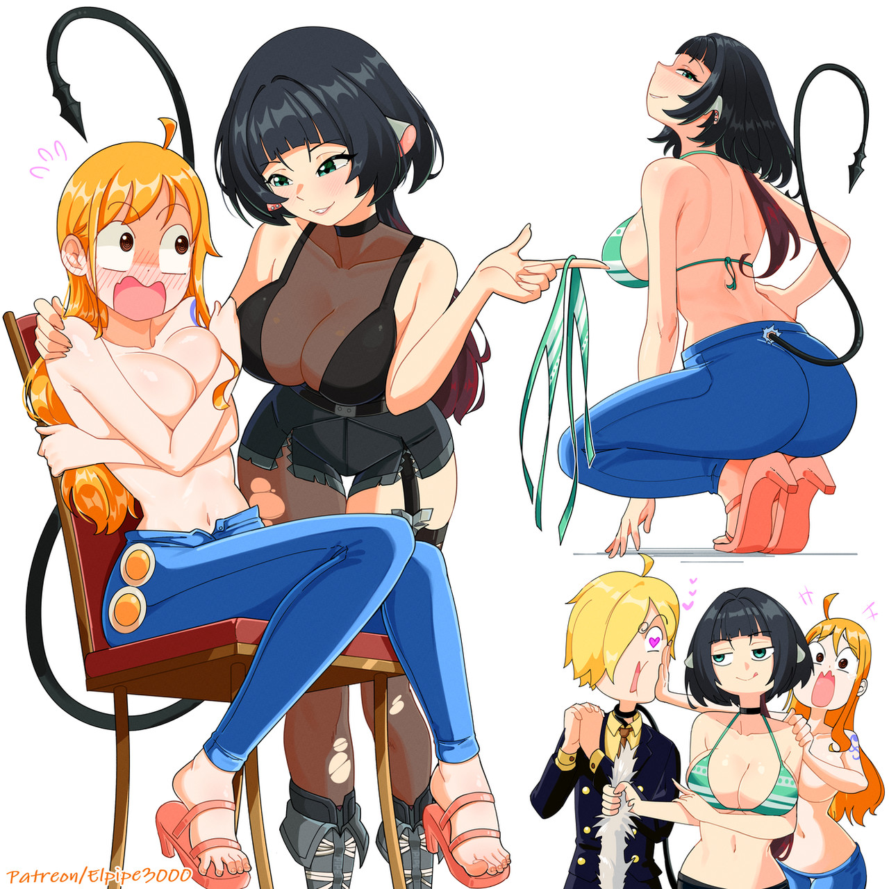 1boy 2girls :q @_@ arm_around_back ass assisted_exposure back bare_arms bare_shoulders bikini bikini_top_only black_hair blonde_hair boots breasts chair clothes_theft clothing_cutout convenient_arm convenient_censoring cosplay covering_breasts covering_privates crossover elpipe_3000 flying_sweatdrops garter_straps green_eyes hair_over_one_eye hand_on_another's_cheek hand_on_another's_face hand_on_another's_shoulder hand_on_own_hip heart heart-shaped_pupils hetero high_heels highres holding holding_swimsuit holding_unworn_clothes jacket jane_doe_(zenless_zone_zero) knees_together_feet_apart large_breasts leaning_forward long_hair long_sleeves looking_at_another looking_at_viewer low_ponytail mechanical_tail median_furrow multiple_girls nami_(one_piece) nami_(one_piece)_(cosplay) nami_(one_piece)_(return_to_sabaody) navel on_chair one_piece orange_hair own_hands_together pants pantyhose pantyhose_under_shorts ponytail red_hair sanji_(one_piece) sharp_tail shirt shoes short_hair short_shorts shorts shoulder_blades shoulder_tattoo simple_background single_garter_strap single_leg_pantyhose single_thighhigh sitting smile squatting standing stomach swimsuit swimsuit_theft symbol-shaped_pupils tail tail_around_neck tail_grab tail_through_clothes tail_wrap tattoo theft thigh_gap thighhighs tongue tongue_out topless_female torn_clothes torn_pantyhose torn_thighhighs unworn_bikini_top unworn_clothes unworn_swimsuit watermark web_address zenless_zone_zero