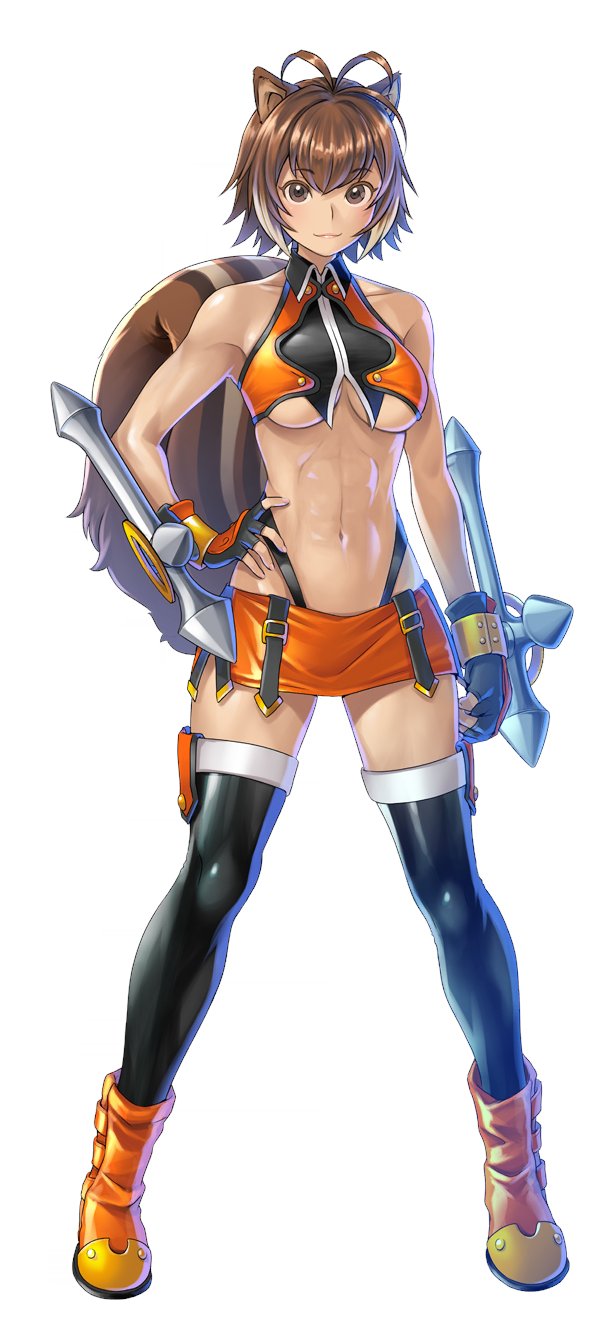 1girl abs animal_ears bare_shoulders blazblue blazblue_alternative:_dark_war breasts brown_eyes brown_hair crop_top fingerless_gloves gloves hand_on_own_hip highres large_breasts makoto_nanaya microskirt official_art short_hair skirt sleeveless squirrel_ears squirrel_tail tail tonfa underboob weapon white_background white_hair