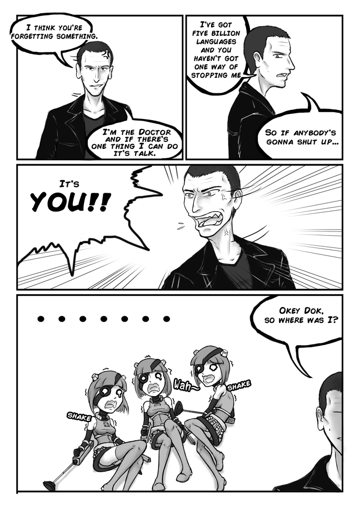 comic dalek doctor_who jack_harkness jacket leather leather_jacket monochrome multiple_girls ninth_doctor personification rose_tyler short_hair teeth