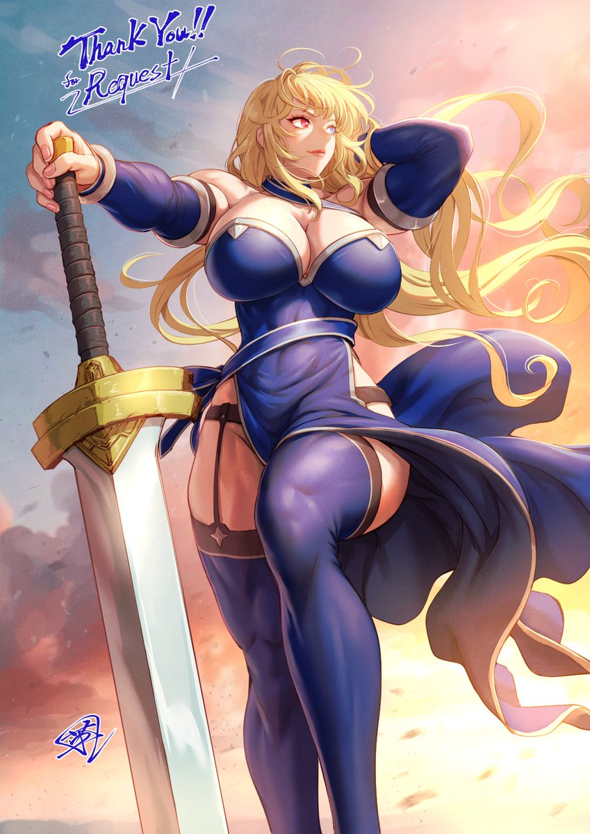 1girl arm_behind_head blonde_hair blue_dress blue_eyes blue_sleeves blue_thighhighs breasts cleavage closed_mouth cloud commentary_request commission covered_abs detached_sleeves dress evening feet_out_of_frame fingernails floating_clothes floating_hair fujii_eishun garter_belt gradient_sky greatsword hand_on_hilt heterochromia highres large_breasts long_hair looking_afar looking_to_the_side muscular muscular_female orange_sky original outdoors pelvic_curtain red_eyes signature skeb_commission sky solo standing sword thank_you thighhighs very_long_hair weapon