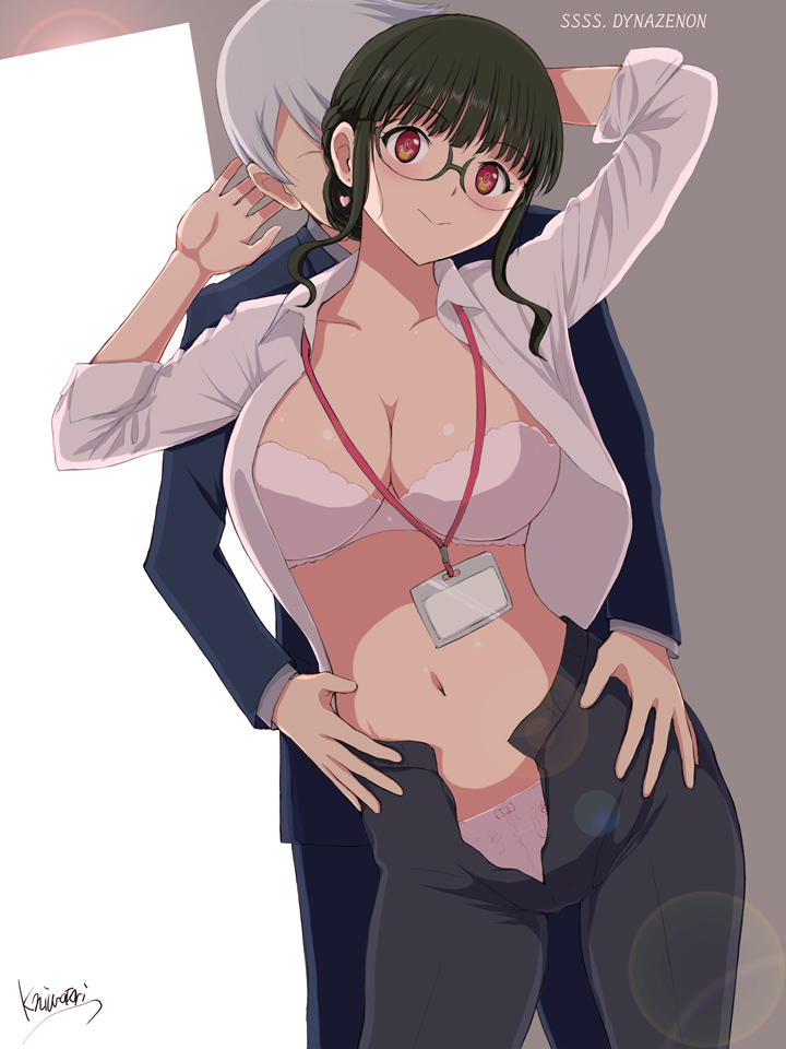 1boy 1girl anosillus_ii anti_(ssss.gridman) black_hair black_pants blue_jacket bra breasts cleavage commentary_request formal_clothes glasses gridman_universe id_card jacket large_breasts long_sleeves looking_at_viewer navel niwatori_kokezou open_clothes open_pants open_shirt panties pants pink_bra pink_panties red_eyes shirt signature silver_hair smle ssss.dynazenon suit underwear unzipped white_shirt