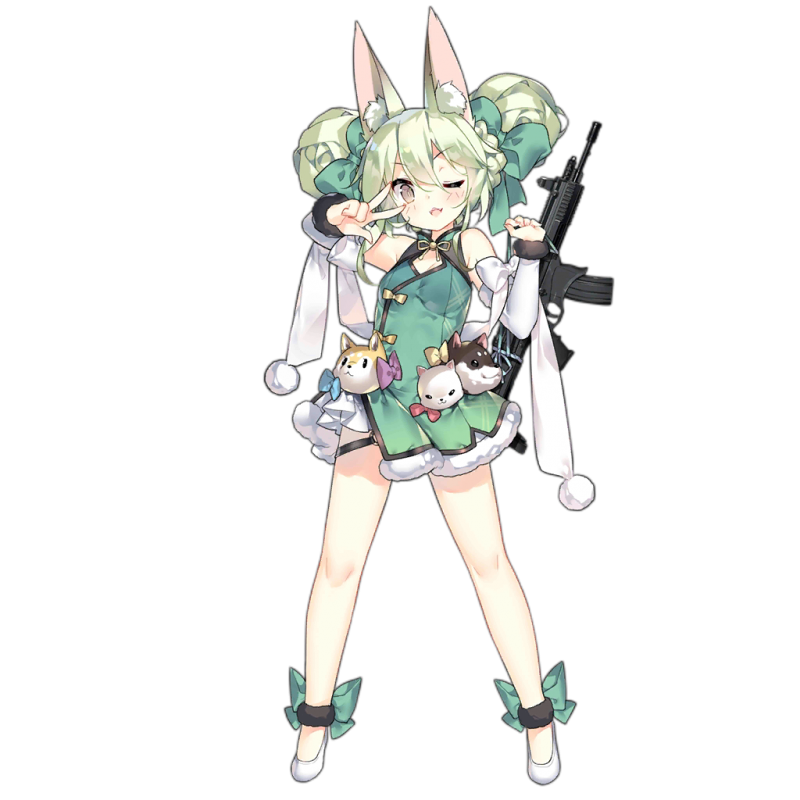 1girl ;d animal_ear_fluff animal_ears ankleband art556_(girls&#039;_frontline) art556_(white_cabbage)_(girls&#039;_frontline) bare_legs bare_shoulders blush bow brown_eyes china_dress chinese_clothes cleavage_cutout clothing_cutout detached_sleeves double_bun dress fang fangs female_focus flat_chest full_body girls&#039;_frontline green_bow green_dress green_hair gun hair_bow hair_bun holding holding_gun holding_weapon lolita_fashion looking_at_viewer official_alternate_costume official_art one_eye_closed open_mouth qi_lolita rifle saru shoes short_dress smile solo standing stuffed_animal stuffed_cat stuffed_dog stuffed_toy taurus_art556 thigh_strap transparent_background v v_over_eye weapon white_bow white_shoes white_sleeves