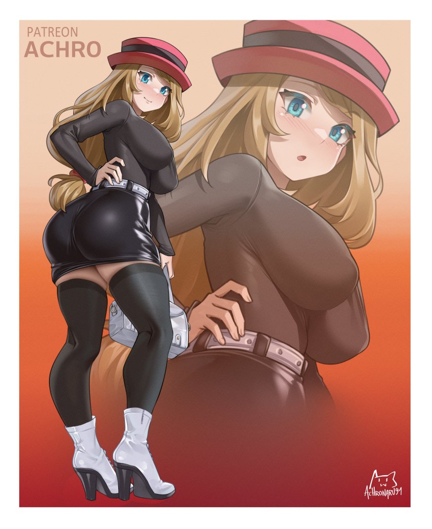 1girl achromaru alternate_breast_size alternate_height artist_name ass belt black_shirt black_skirt black_thighhighs blue_eyes breasts brown_hair closed_mouth hand_on_own_hip hat high_heels impossible_clothes impossible_shirt large_breasts long_hair long_sleeves looking_at_viewer miniskirt nintendo open_mouth patreon_logo patreon_username pencil_skirt pink_hat pokemon pokemon_xy serena_(pokemon) shirt signature skirt smile solo standing thighhighs very_long_hair