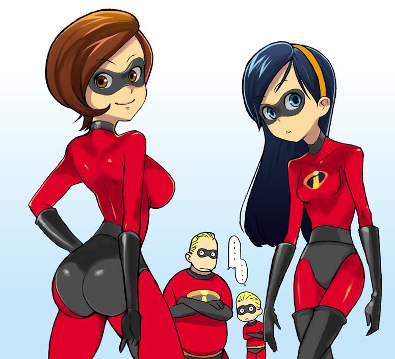 ... 2boys 2girls ass bad_id bad_pixiv_id blonde_hair blue_background blue_eyes bob_parr bodysuit breasts brown_eyes brown_hair costume crossed_arms dash_parr domino_mask elastigirl family gloves hairband helen_parr large_breasts latex latex_gloves long_hair looking_at_viewer mask mature_female mr._incredible multiple_boys multiple_girls pixar saitou_yahu short_hair simple_background skin_tight small_breasts the_incredibles violet_parr