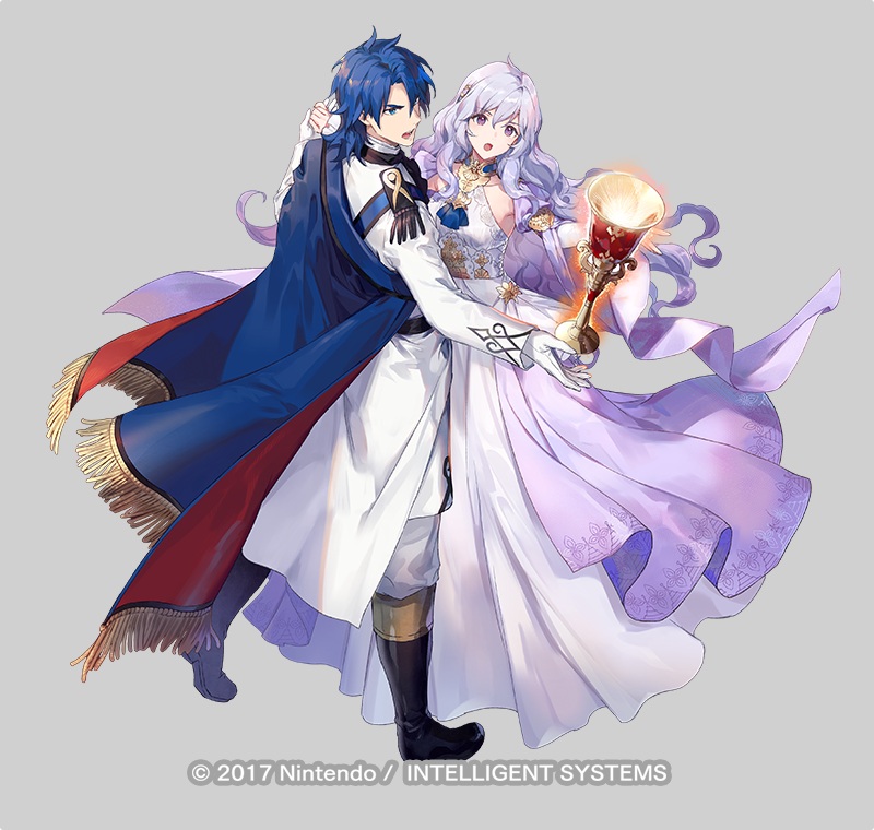 1boy 1girl azu-taro blue_eyes blue_hair boots cape chalice closed_mouth couple cup deirdre_(fire_emblem) deirdre_(masquerade)_(fire_emblem) dress fire_emblem fire_emblem:_genealogy_of_the_holy_war fire_emblem_heroes floating floating_object full_body gloves glowing grey_background hand_grab hetero husband_and_wife knee_boots long_dress long_hair long_sleeves nintendo official_art pants purple_eyes purple_hair short_hair sigurd_(fire_emblem) sigurd_(masquerade)_(fire_emblem) white_dress white_gloves