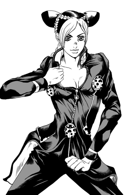 1girl bad_id bad_pixiv_id breasts cleavage cleavage_cutout clothing_cutout cosplay double_bun female_focus giorno_giovanna giorno_giovanna_(cosplay) greyscale hair_bun jojo_no_kimyou_na_bouken komekansou kuujou_jolyne monochrome parody solo vento_aureo