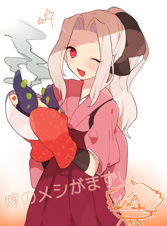 1girl bad_food bad_id bad_pixiv_id bow bowl fate/zero fate_(series) female_focus food hair_bow hakama hakama_skirt instructor_iri irisviel_von_einzbern japanese_clothes kimono long_hair miyako_(xxxbibit) official_alternate_costume one_eye_closed oven_mitts ponytail red_eyes skirt solo soup tentacles white_hair wink