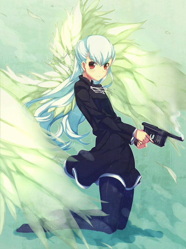 1girl angelos_armas bad_id bad_pixiv_id blue_hair dress feathers female_focus full_body gun handgun henri is_ii kneeling long_hair nitroplus pantyhose pistol red_eyes solo trigger_discipline weapon wings